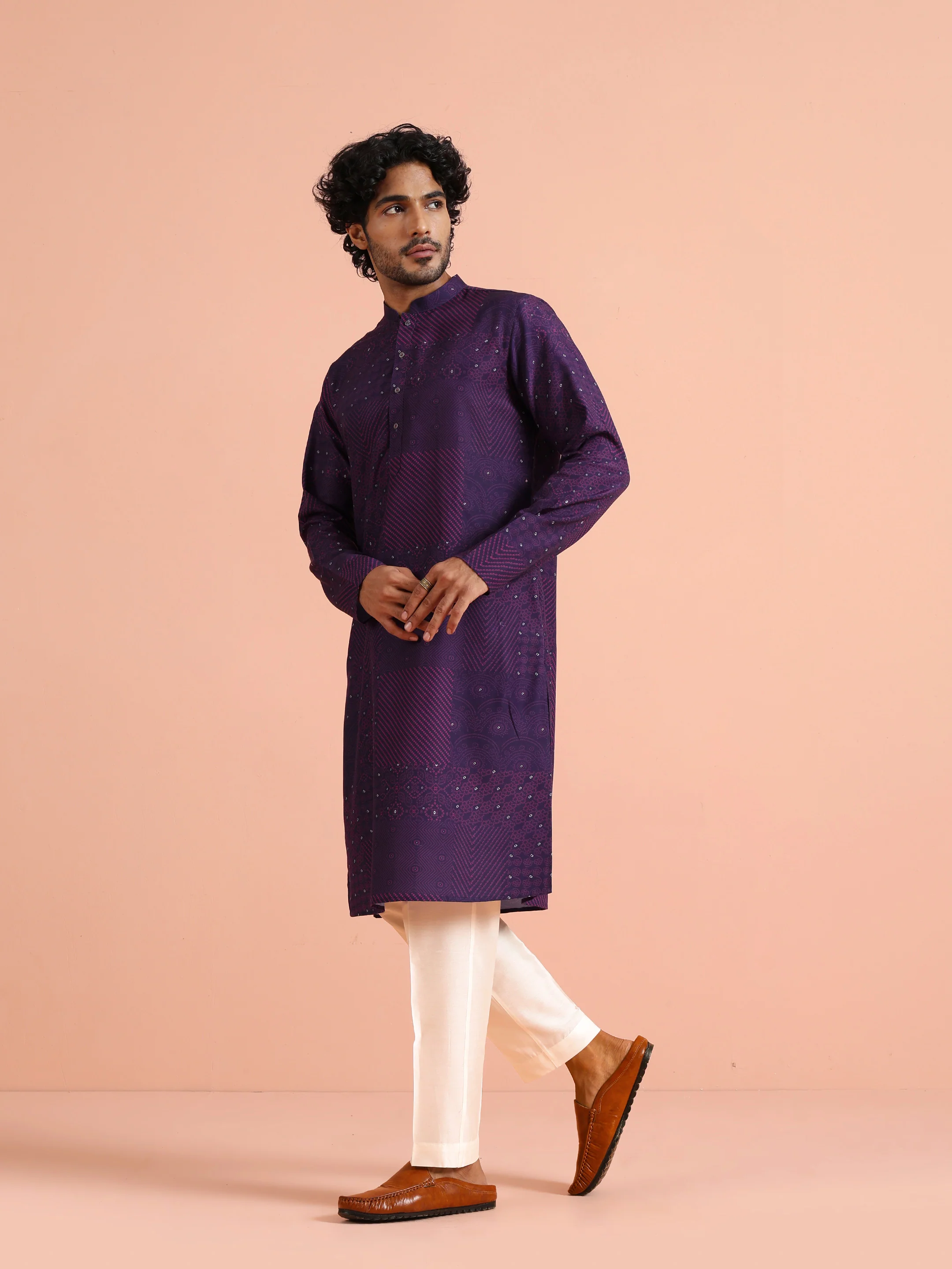 Purple Geometric Printed Kurta - Image 2