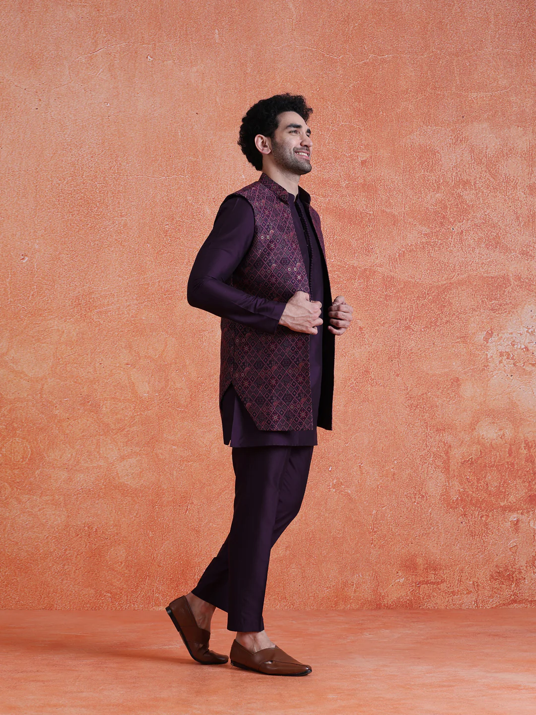 Purple Silk Blend Jacquard Mid Kurta Front Open Long Jacket Trouser Set - Image 2