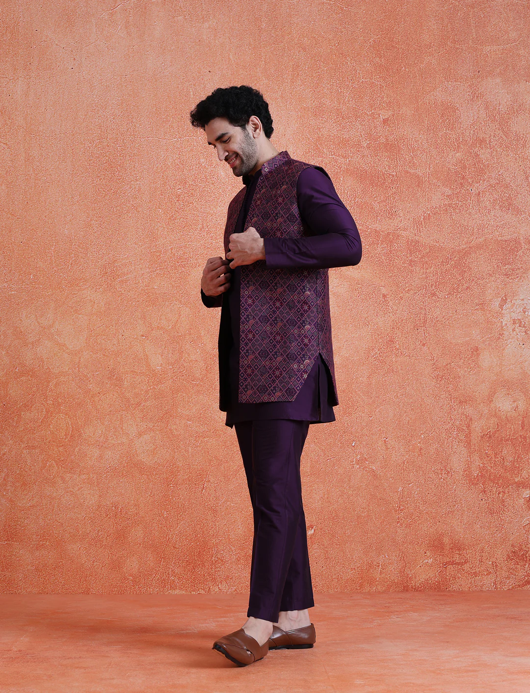 Purple Silk Blend Jacquard Mid Kurta Front Open Long Jacket Trouser Set - Image 3