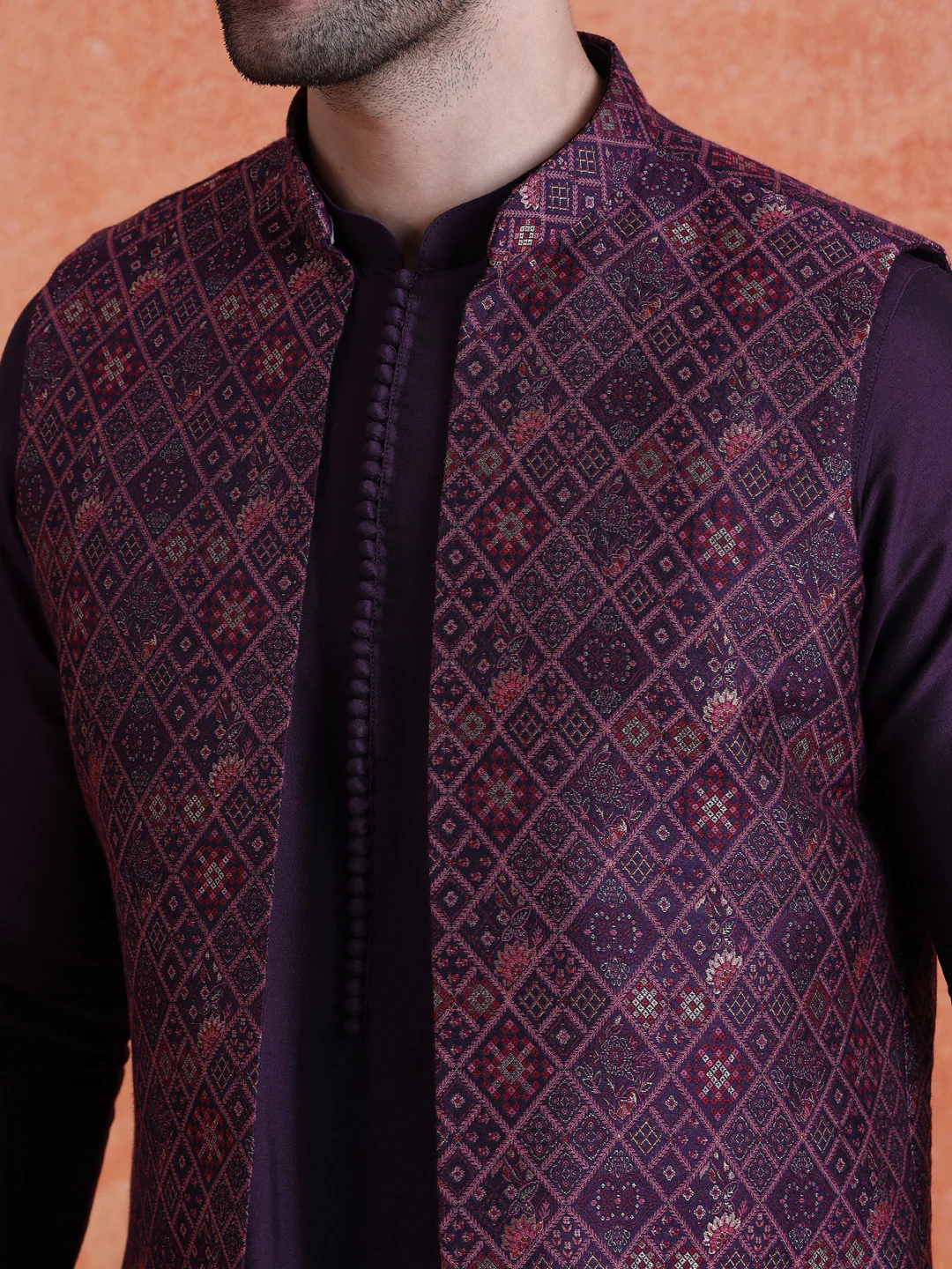 Purple Silk Blend Jacquard Mid Kurta Front Open Long Jacket Trouser Set - Image 5