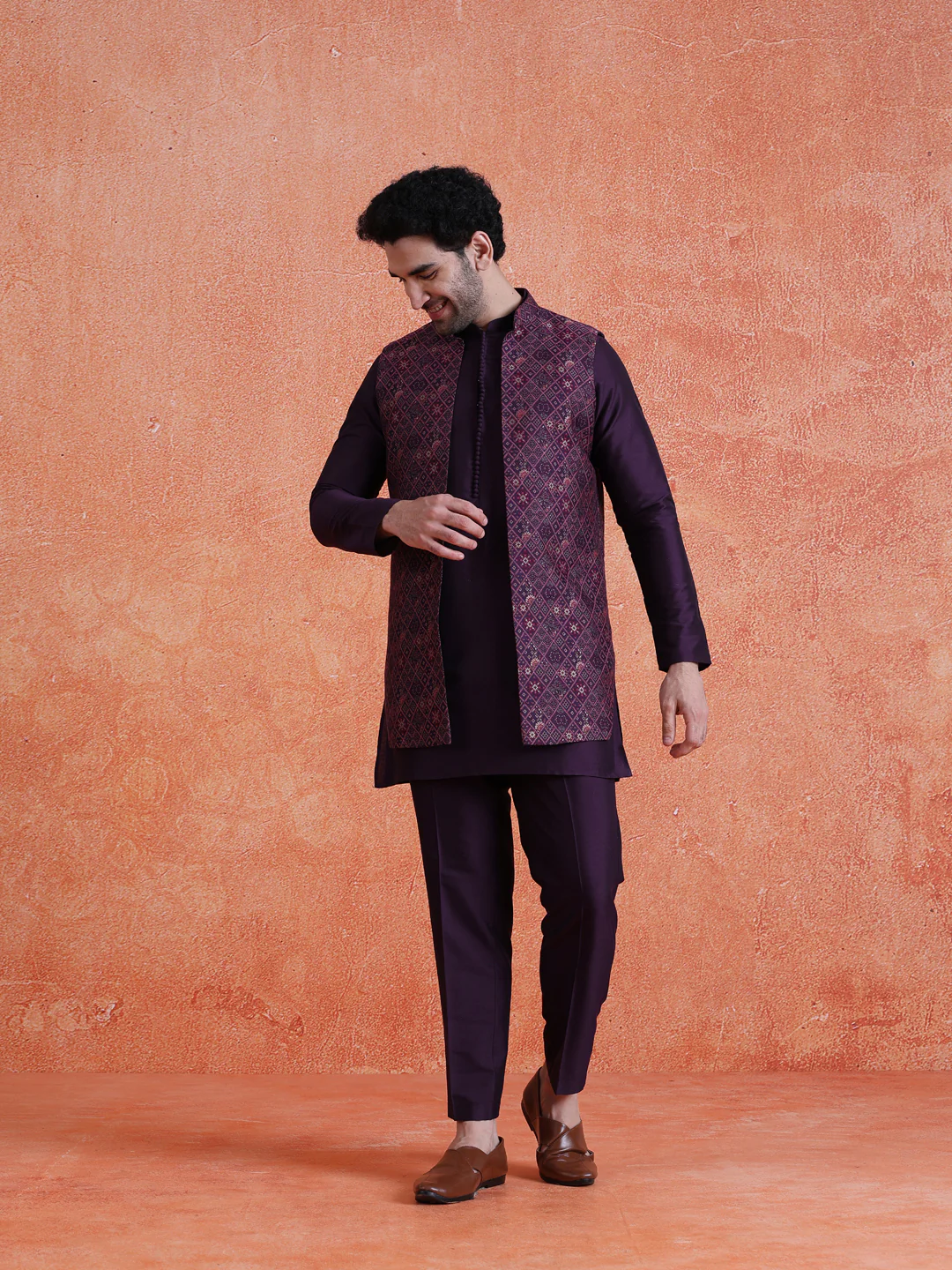 Purple Silk Blend Jacquard Mid Kurta Front Open Long Jacket Trouser Set - Image 8
