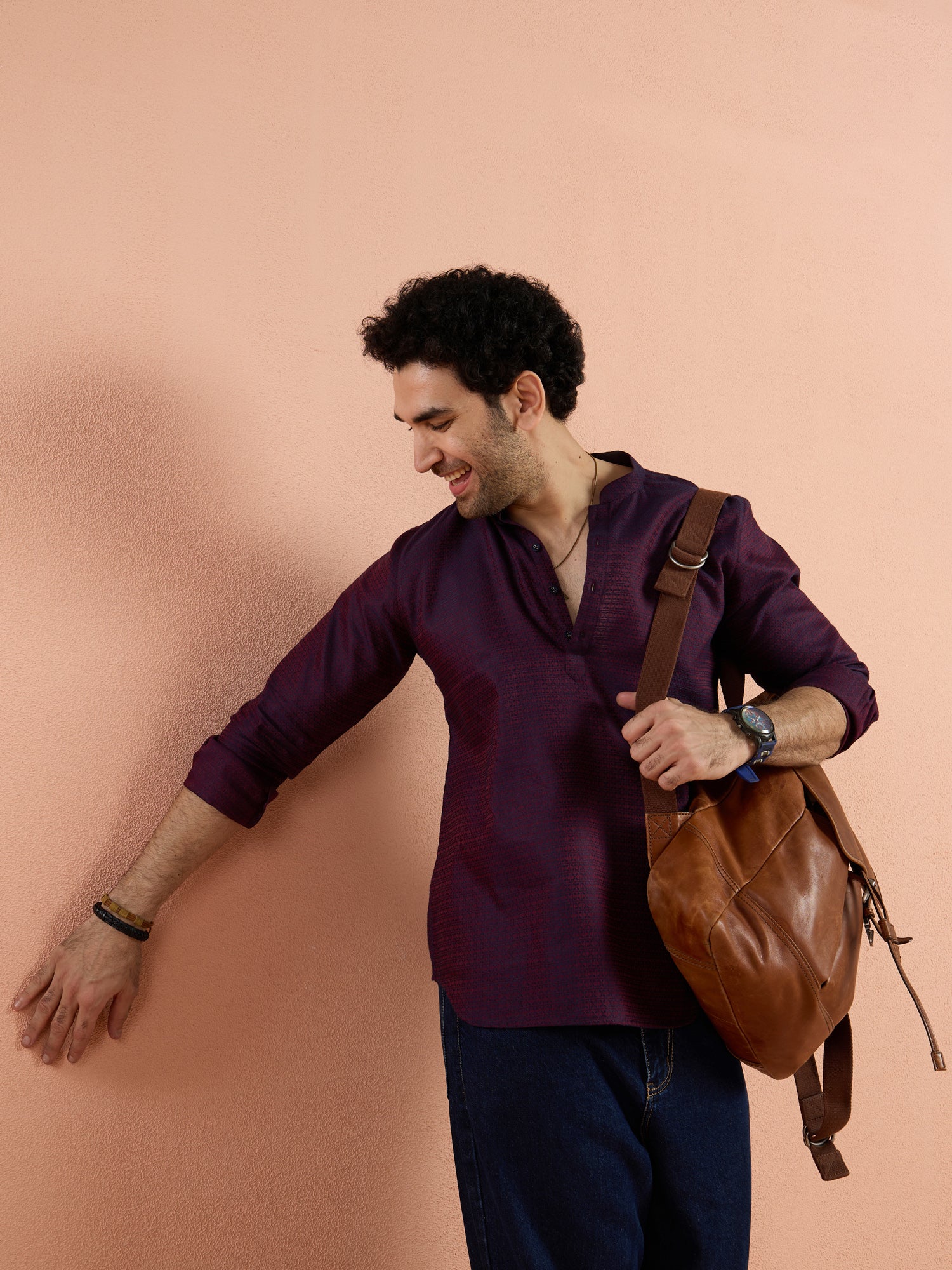 Purple Silk Blend Jacquard Short Kurta