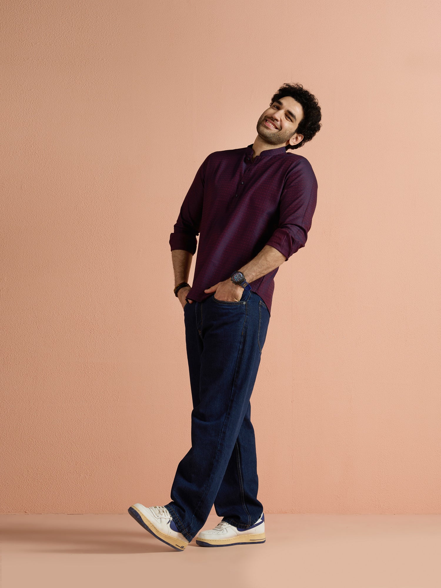 Purple Silk Blend Jacquard Short Kurta - Image 3