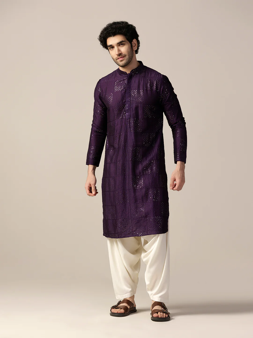 Purple Silk Blend Mirror Work Kurta Patiyala Set - Image 8