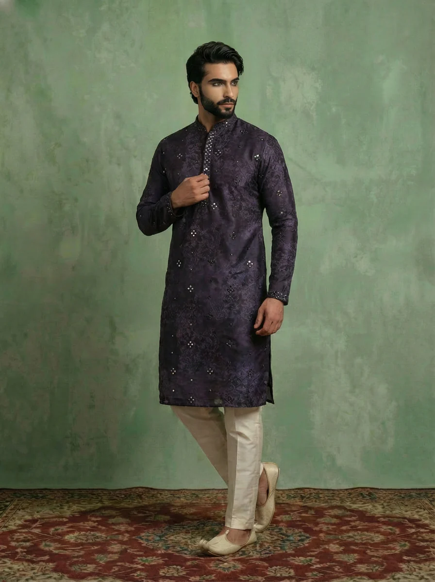 Purple Silk Blend Mirror Work Long Kurta