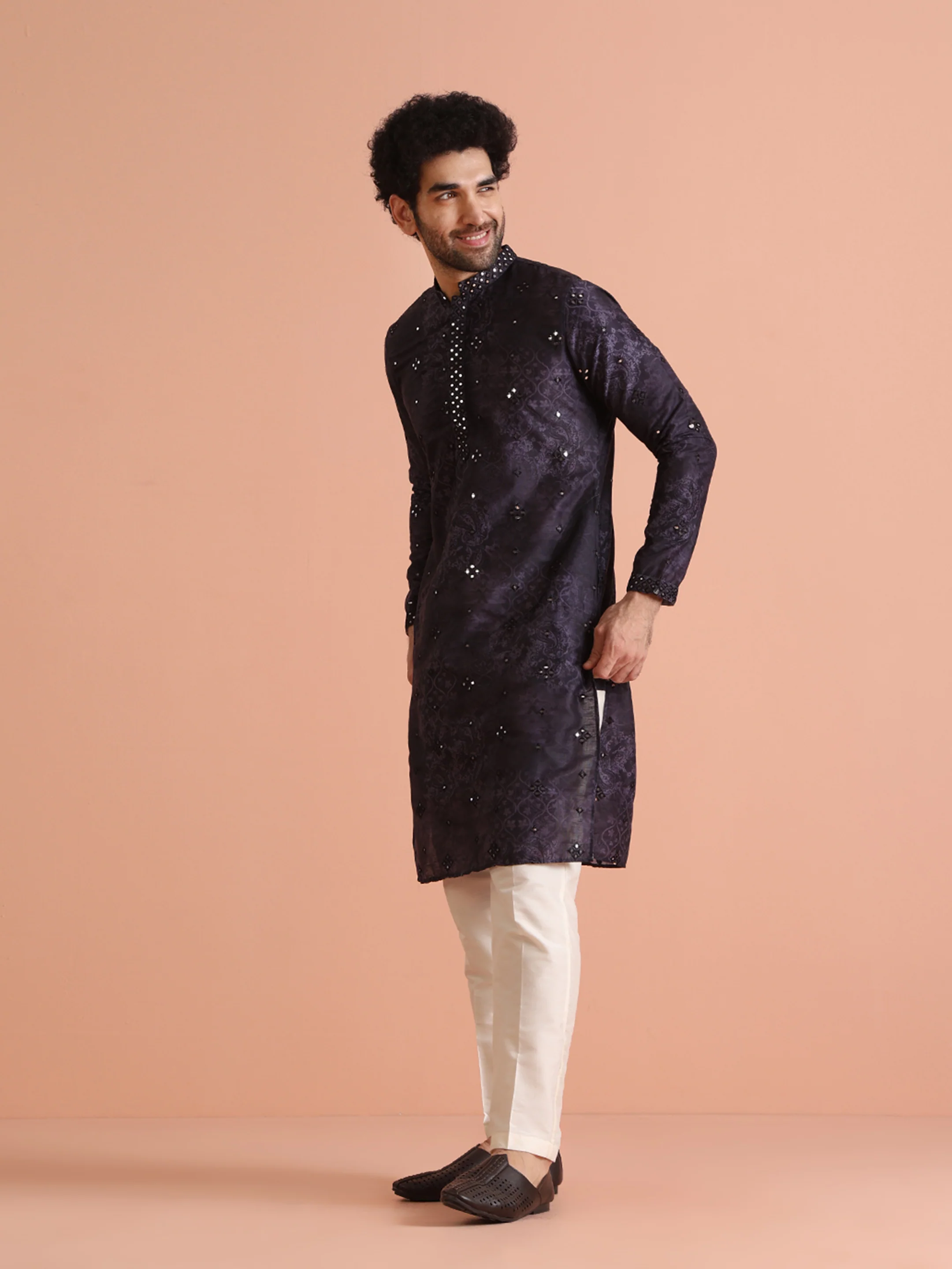Purple Silk Blend Mirror Work Long Kurta - Image 2