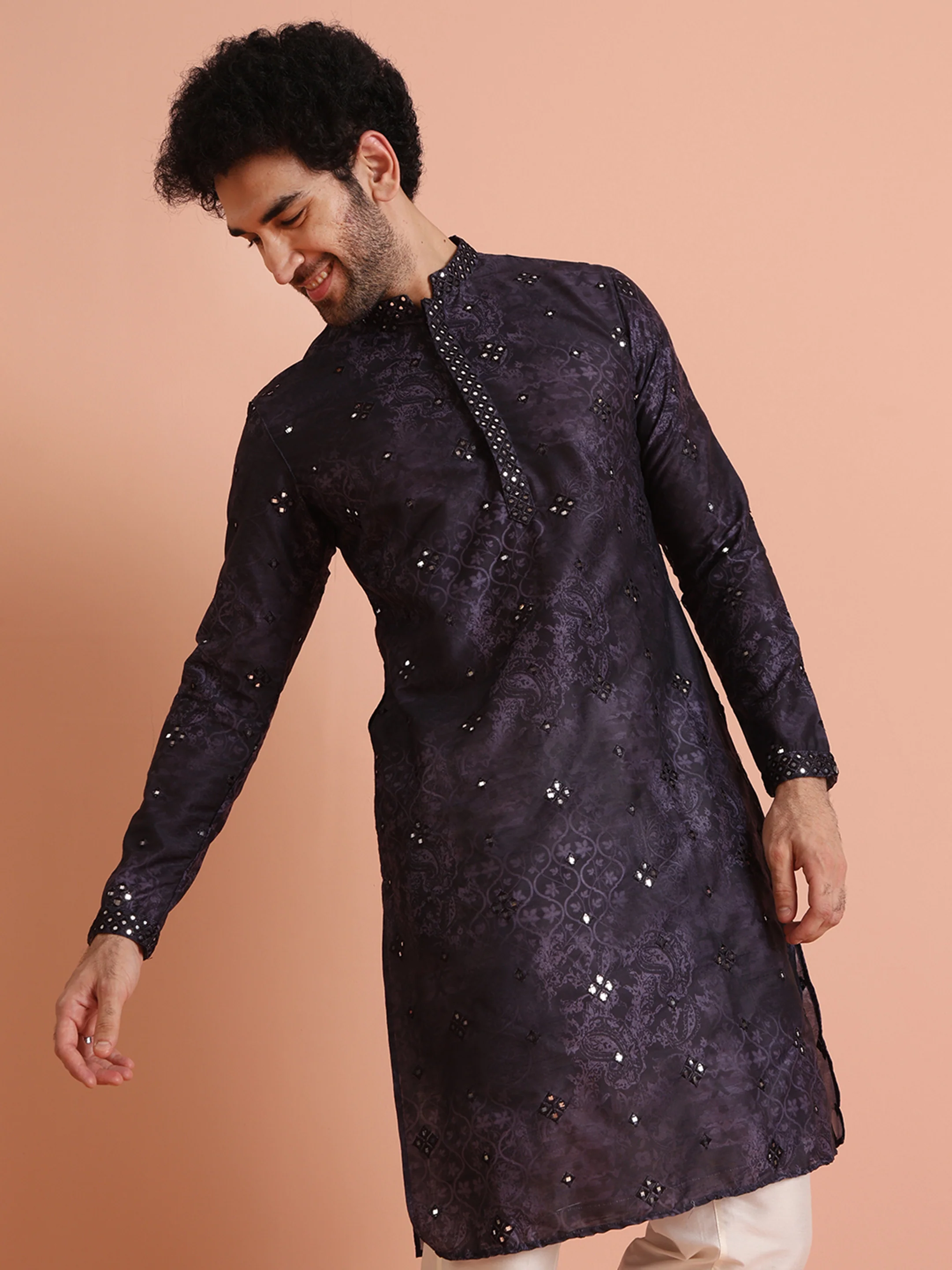 Purple Silk Blend Mirror Work Long Kurta - Image 7