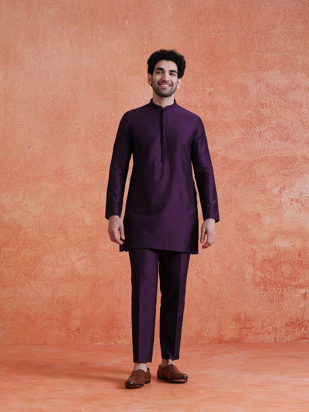 Purple Silk Blend Solid Mid Kurta - Image 7
