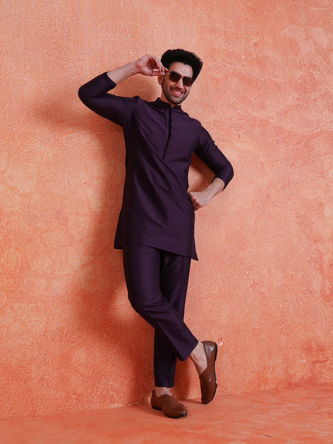 Purple Silk Blend Solid Mid Kurta Trouser Set