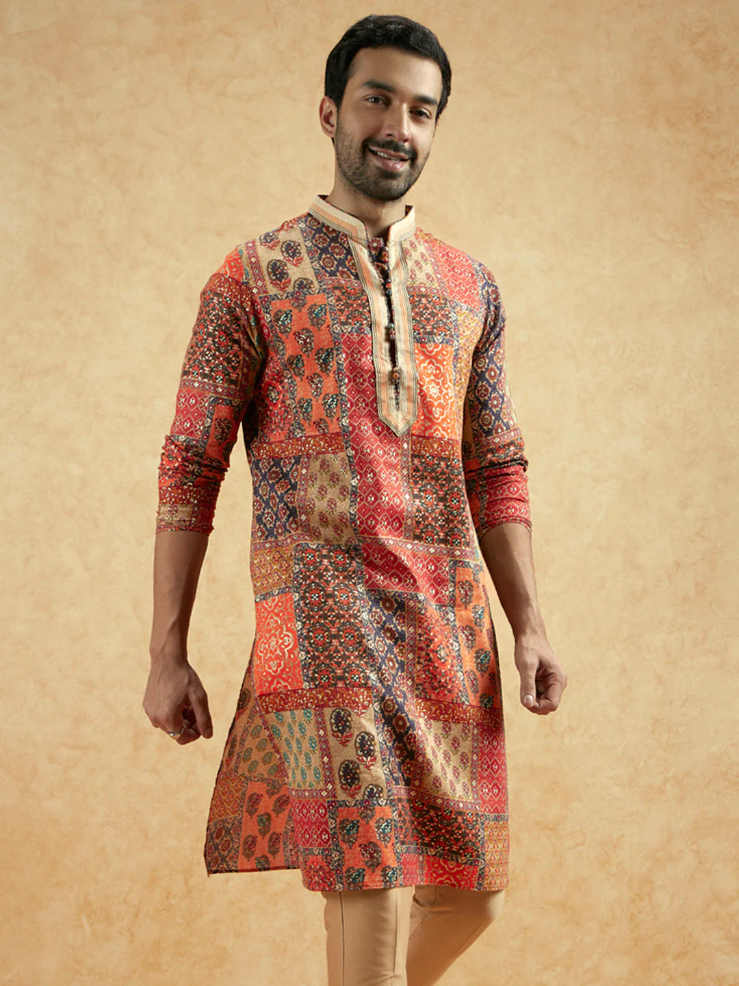 Red Beige Art Silk Printed Long Kurta - Image 2