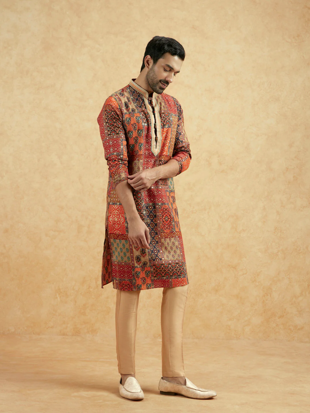 Red Beige Art Silk Printed Long Kurta - Image 4
