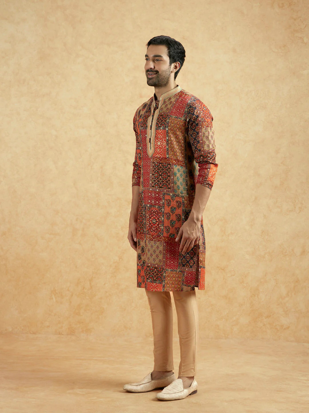 Red Beige Art Silk Printed Long Kurta - Image 5