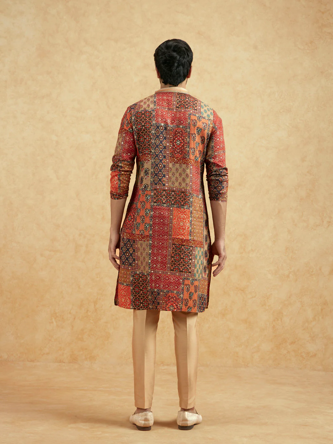 Red Beige Art Silk Printed Long Kurta - Image 6