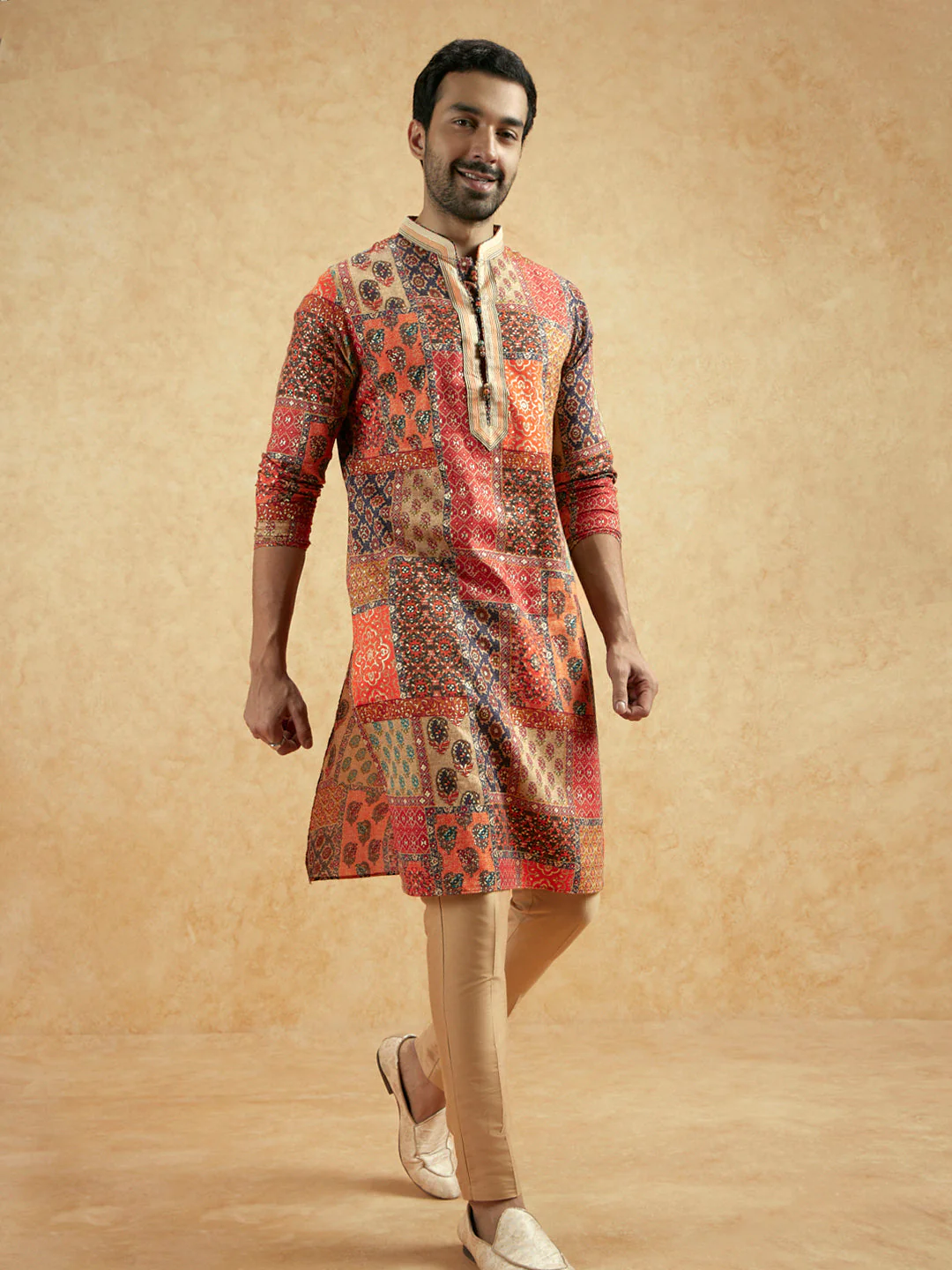 Red Beige Art Silk Printed Long Kurta - Image 7