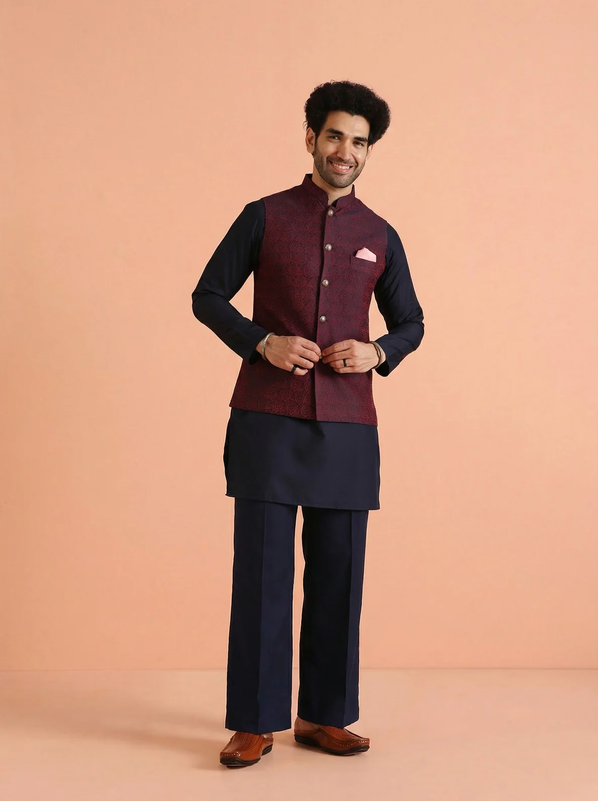 Red Cotton Blend Textured Mid Kurta Jacket Wide Leg Trouser Set - Image 6