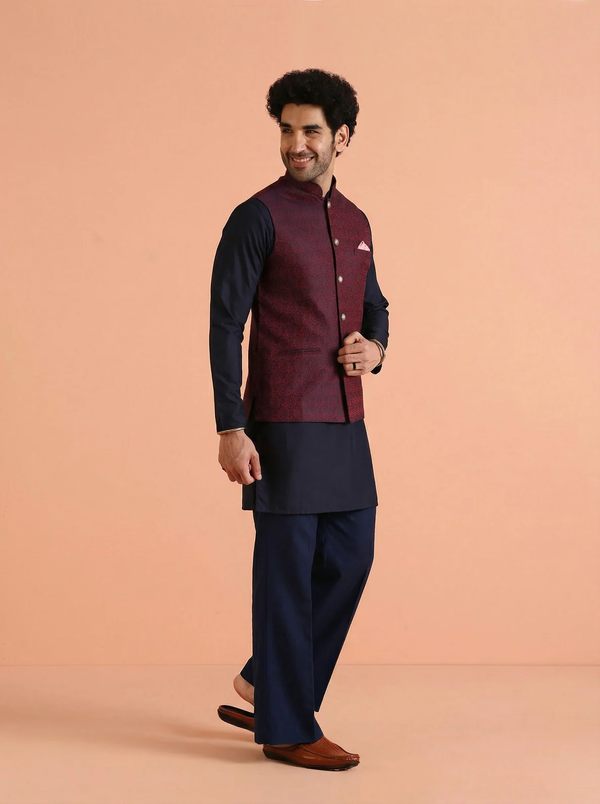 Red Cotton Blend Textured Mid Kurta Jacket Wide Leg Trouser Set - Image 7