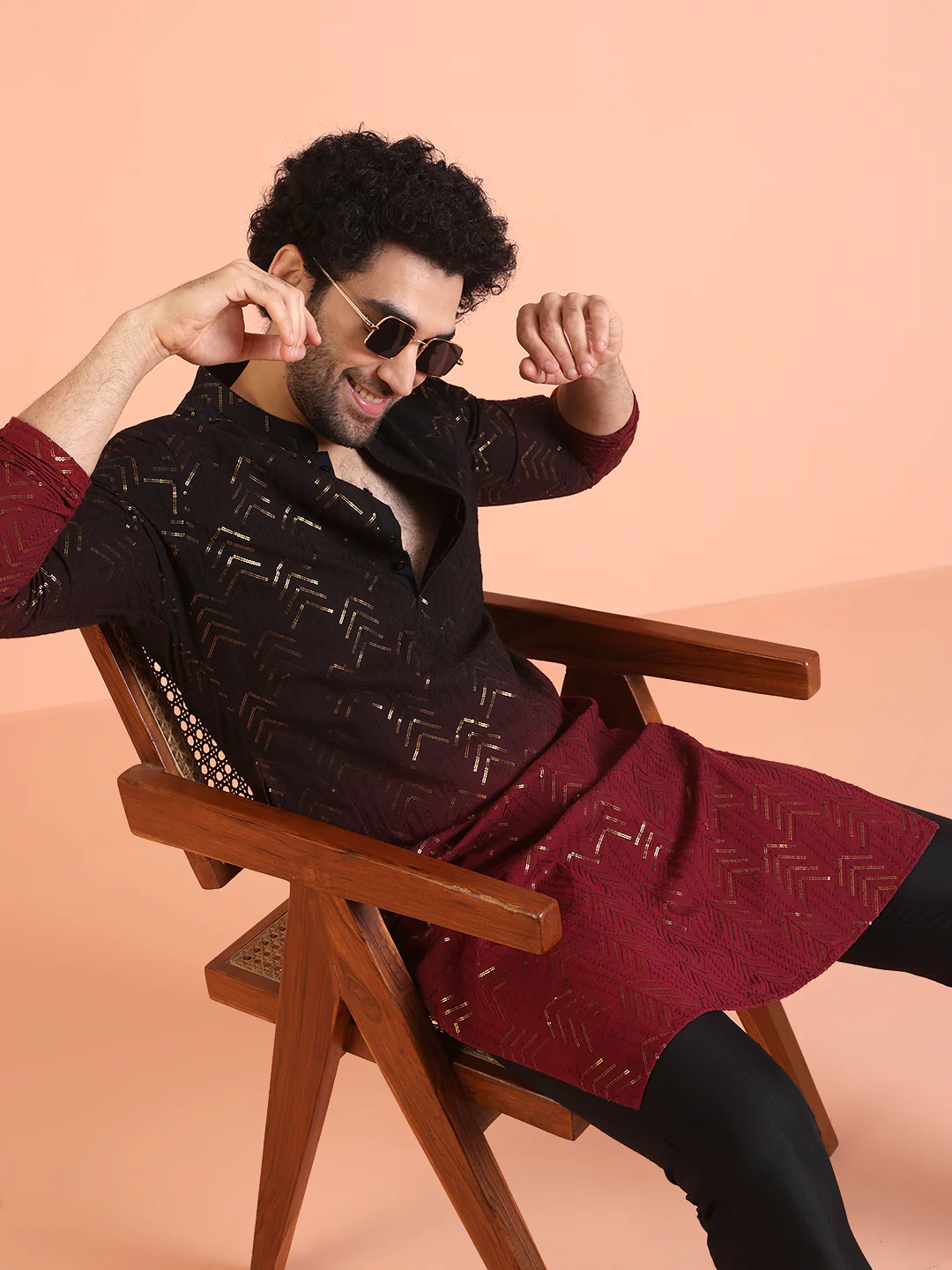 Red Cotton Embellished Long Kurta - Image 6