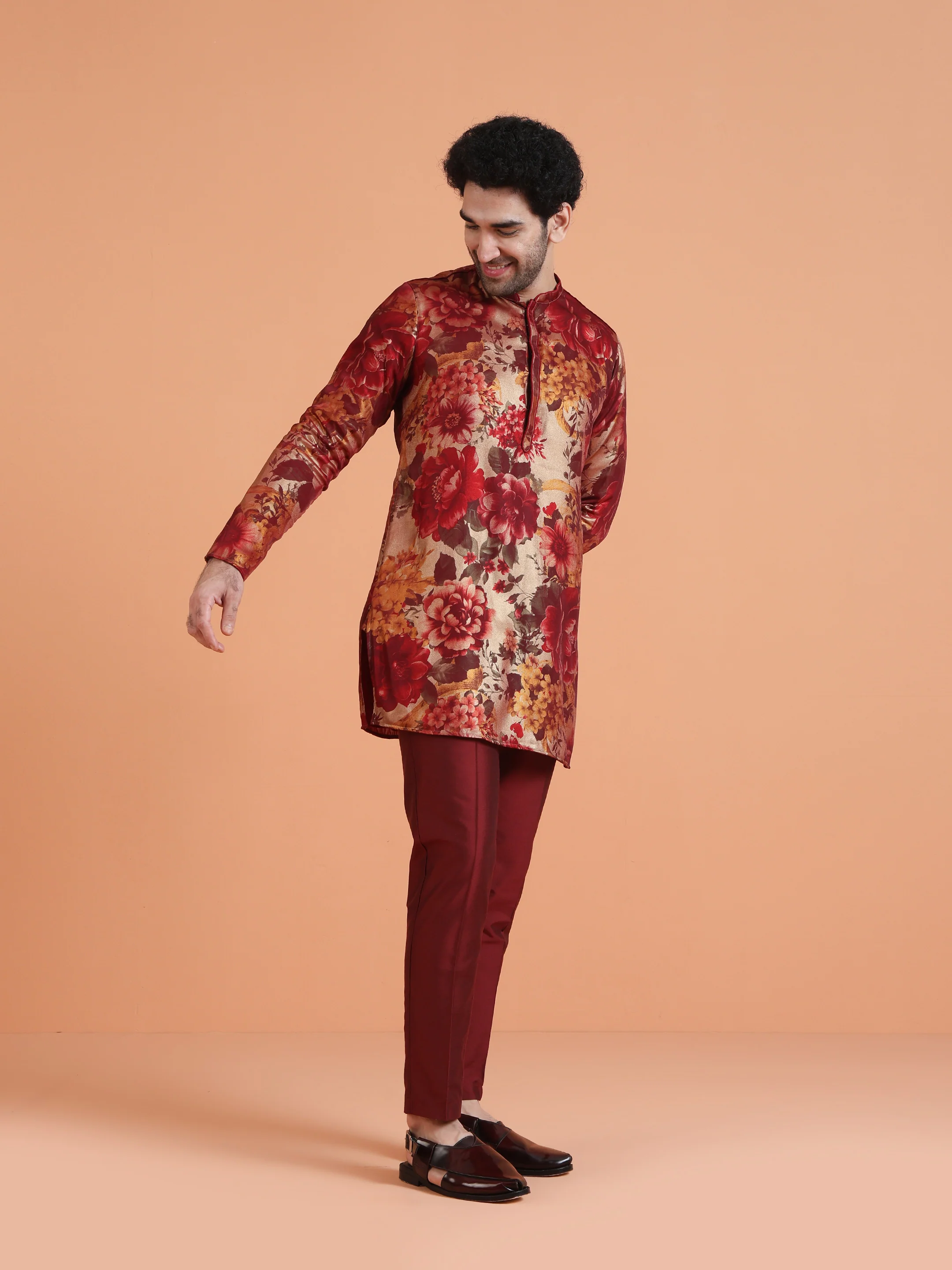 Red Floral Art Silk Mid Kurta Set - Image 3