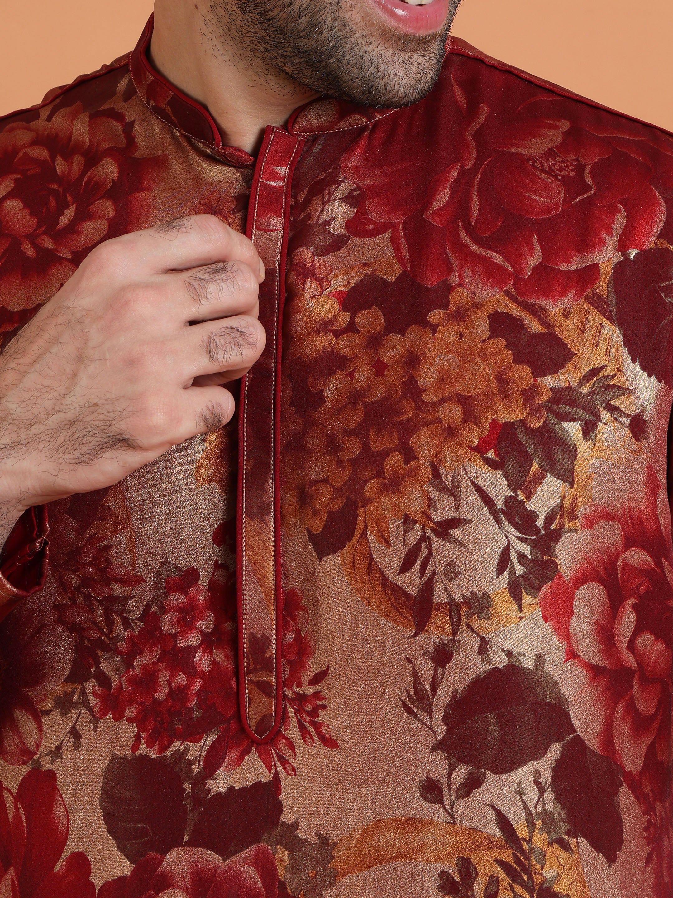 Red Floral Art Silk Mid Kurta Set - Image 5