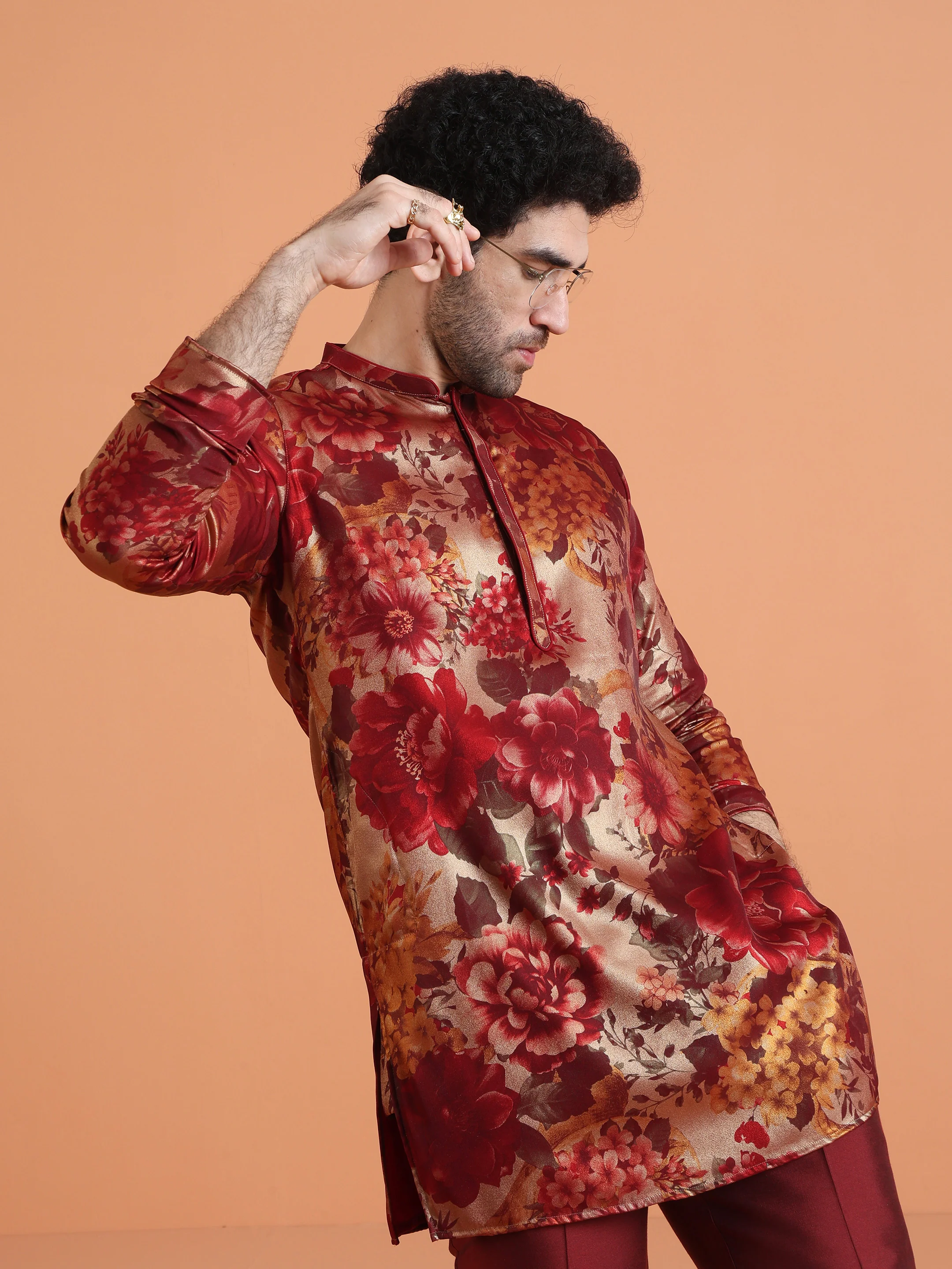 Red Floral Art Silk Mid Kurta Set - Image 8