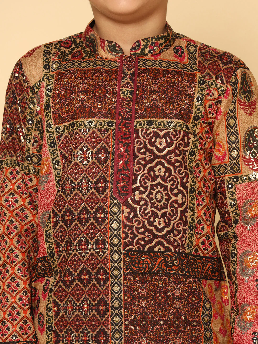 Red Multicolor Cotton Blend Printed Kurta Dhoti Set - Image 5