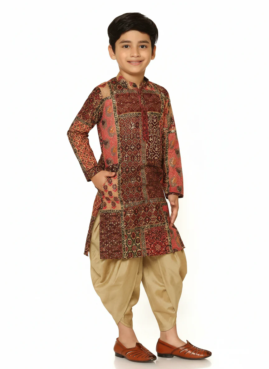 Red Multicolor Cotton Blend Printed Kurta Dhoti Set - Image 7
