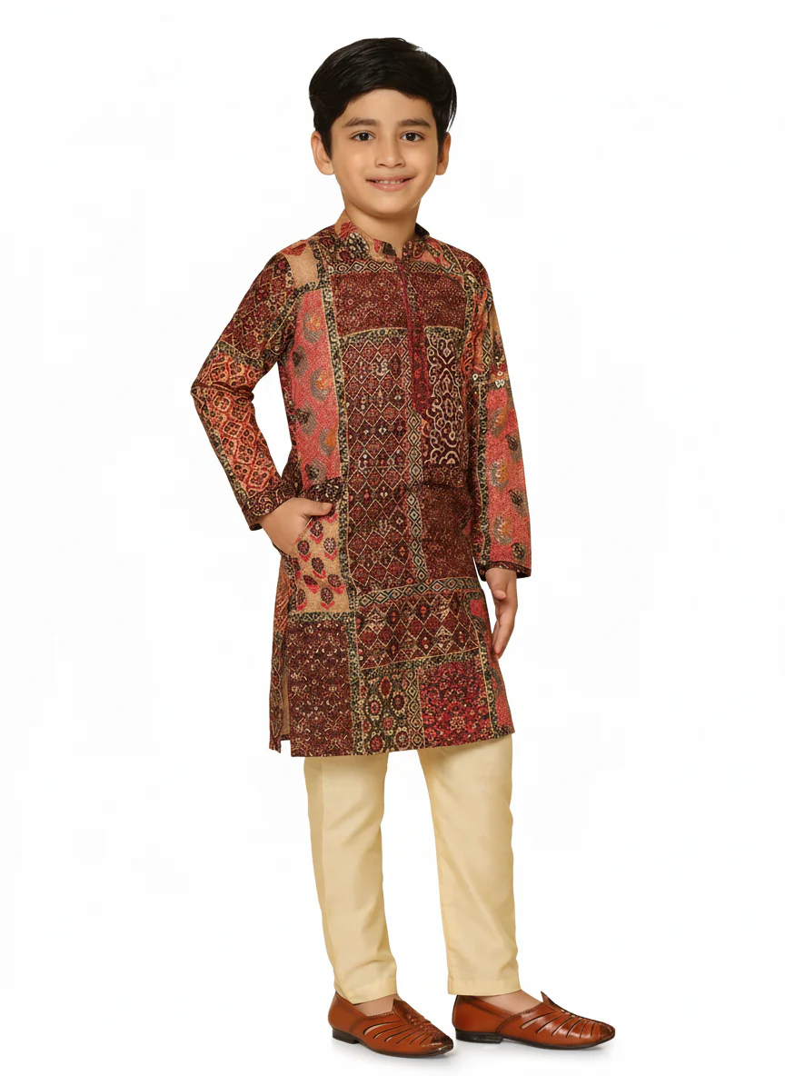 Red Multicolor Cotton Blend Printed Kurta Pyjama Set - Image 8