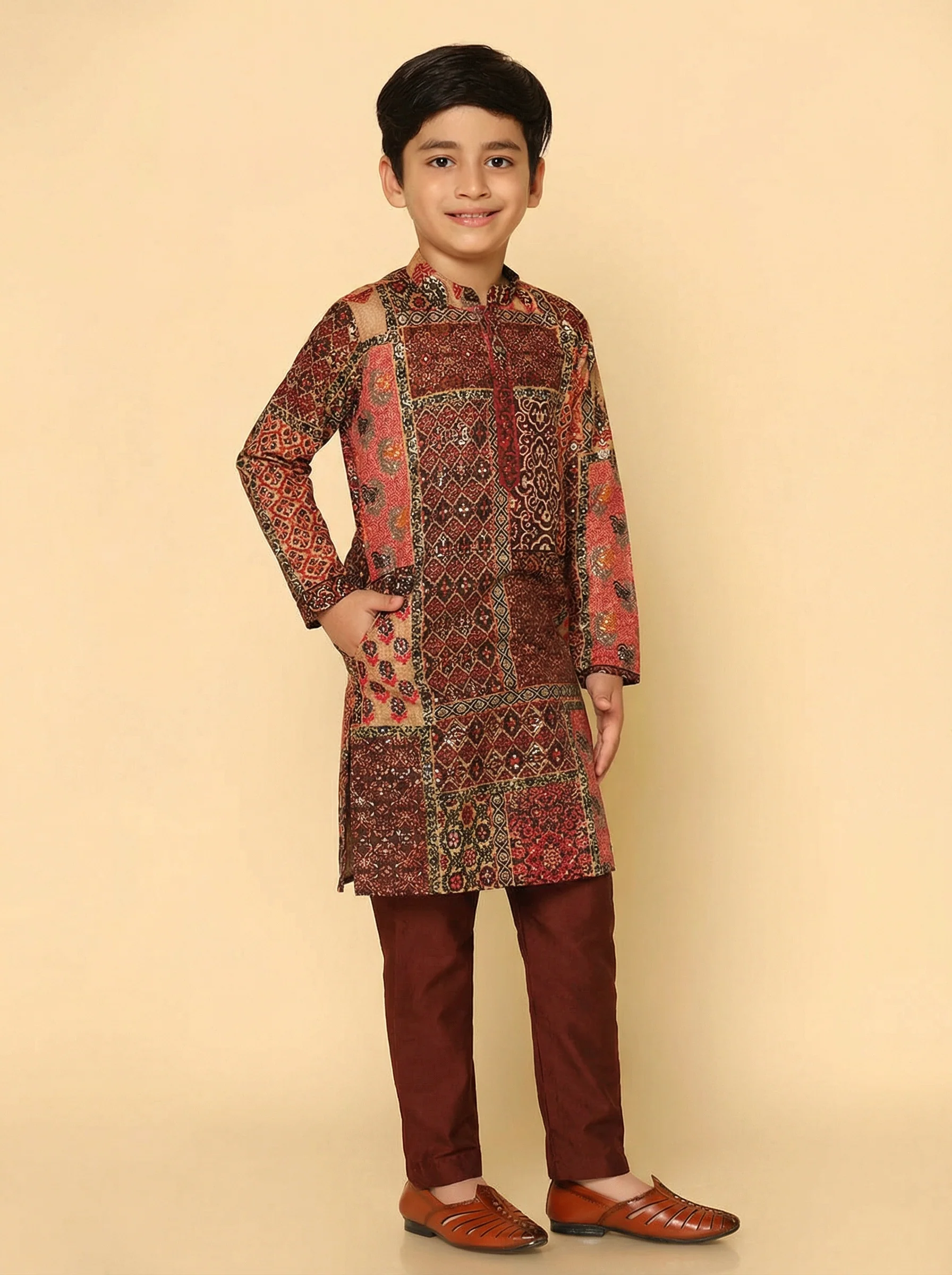 Red Multicolor Cotton Blend Printed Kurta Pyjama Set