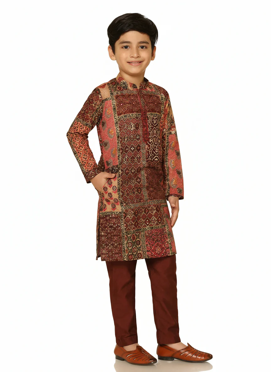 Red Multicolor Cotton Blend Printed Kurta Pyjama Set - Image 7