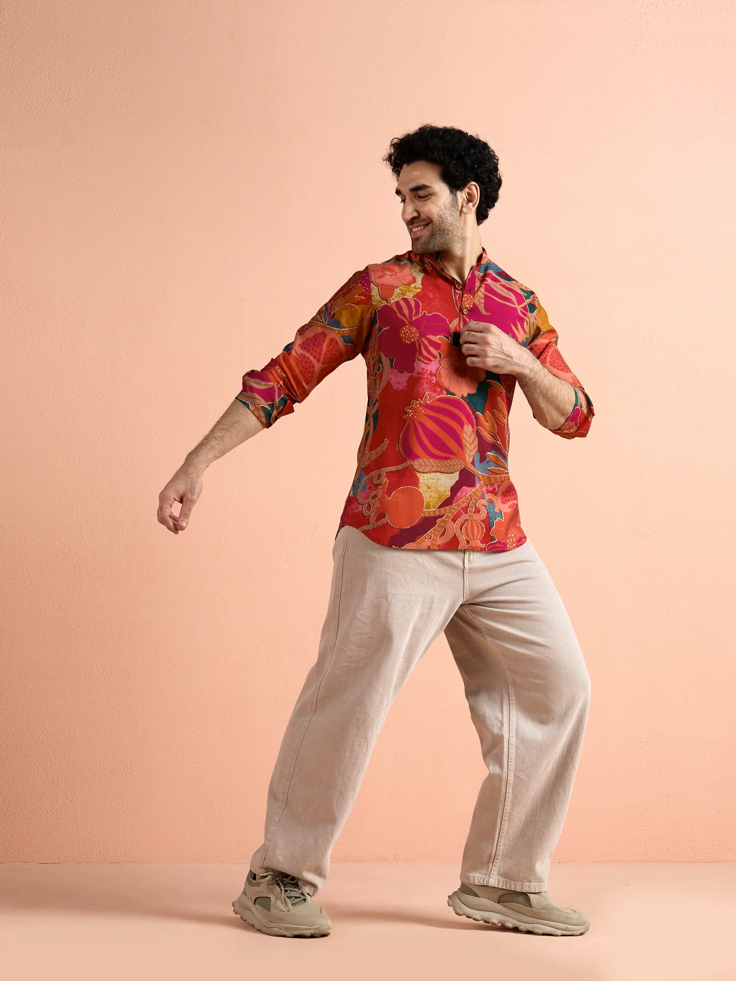 Red Polyviscose Printed Short Kurta