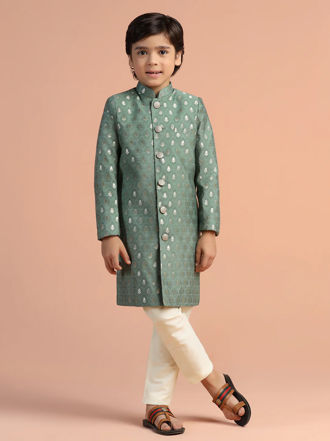 Sage Green Jacquard Kids Sherwani Set - Image 7