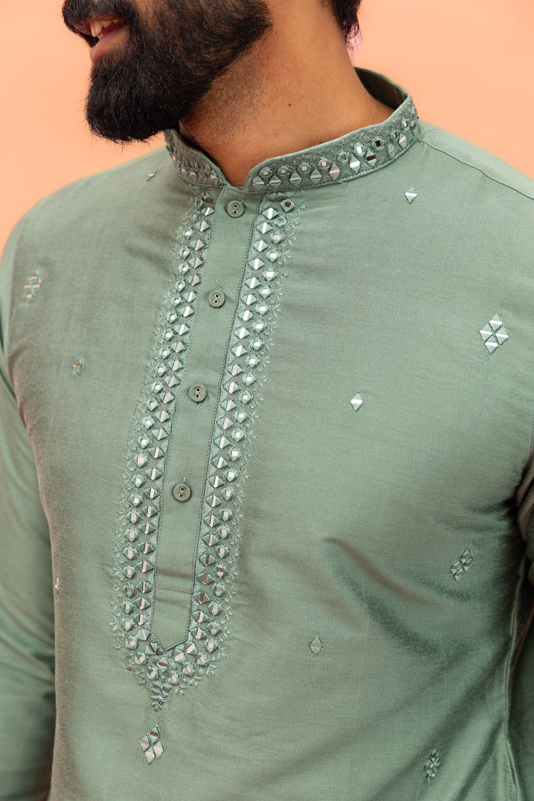 Sage Green Silk Blend Mirror Work Kurta Churidar Set - Image 4
