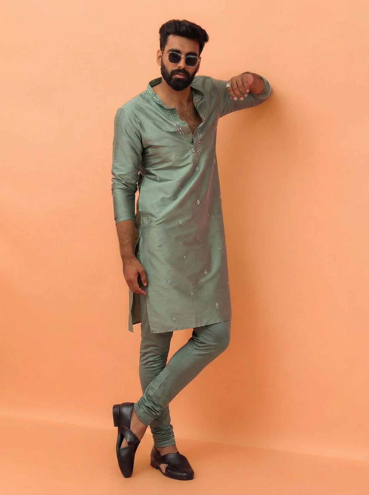 Sage Green Silk Blend Mirror Work Kurta Churidar Set - Image 7