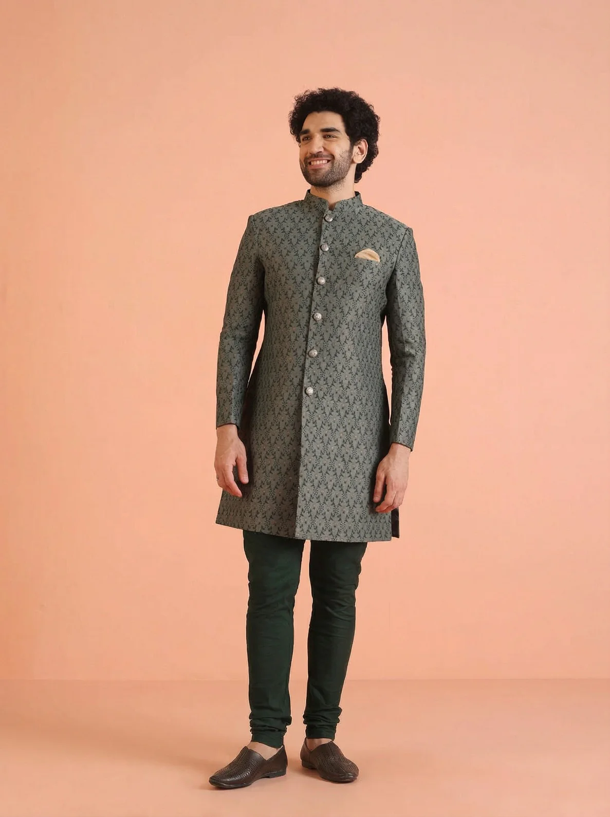 Sage Silk Blend Jacquard Sherwani Churidar Set