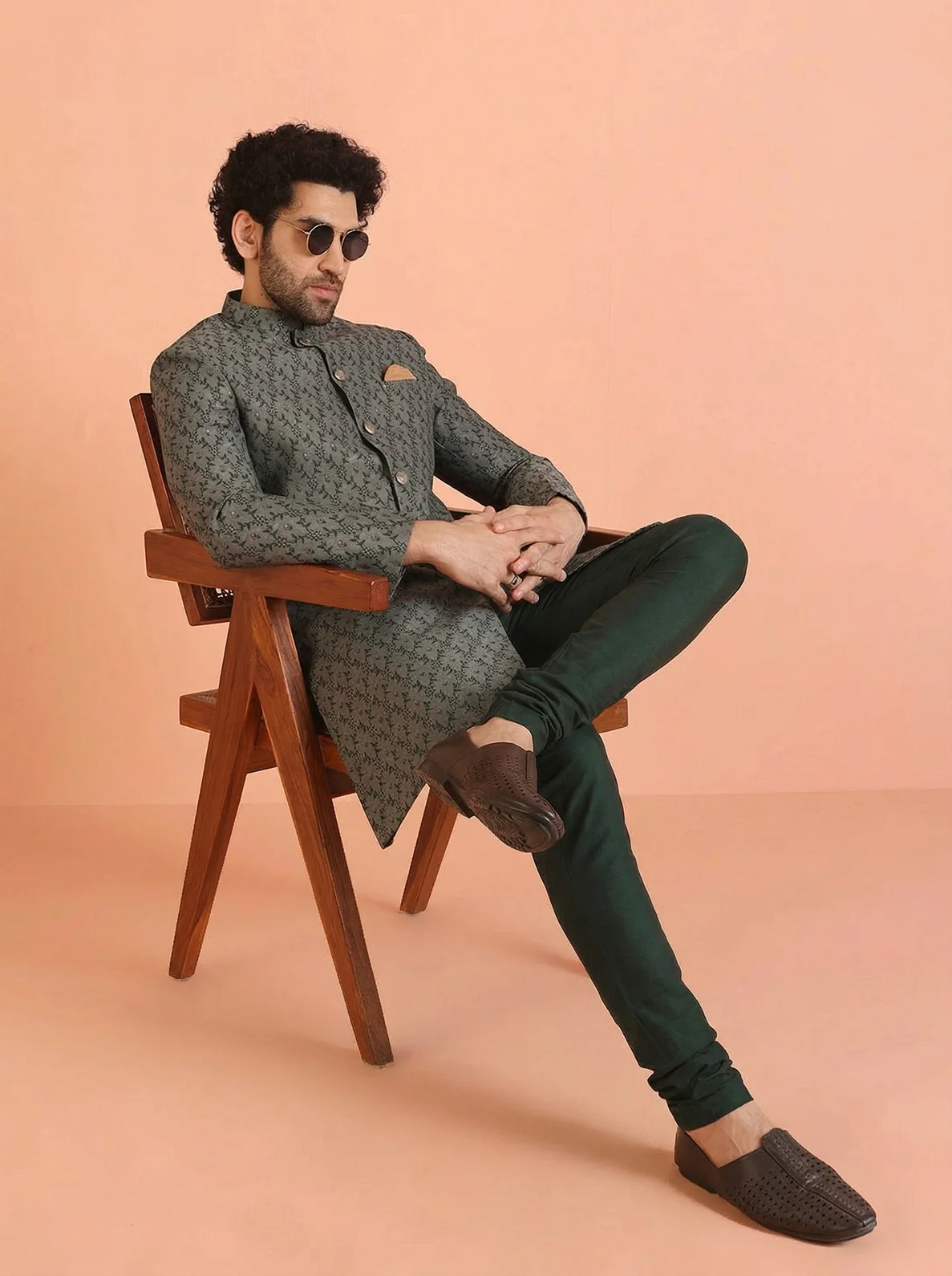 Sage Silk Blend Jacquard Sherwani Churidar Set - Image 2