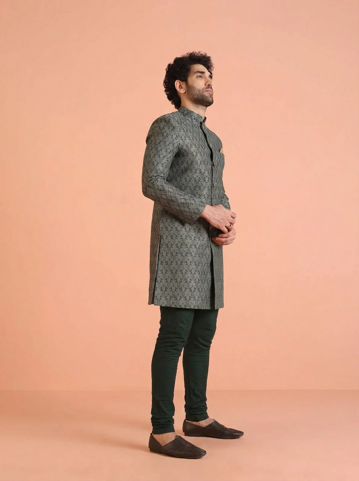 Sage Silk Blend Jacquard Sherwani Churidar Set - Image 6