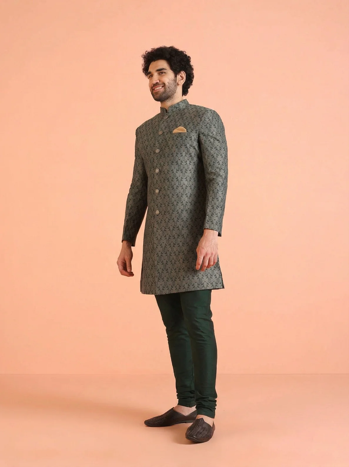 Sage Silk Blend Jacquard Sherwani Churidar Set - Image 7