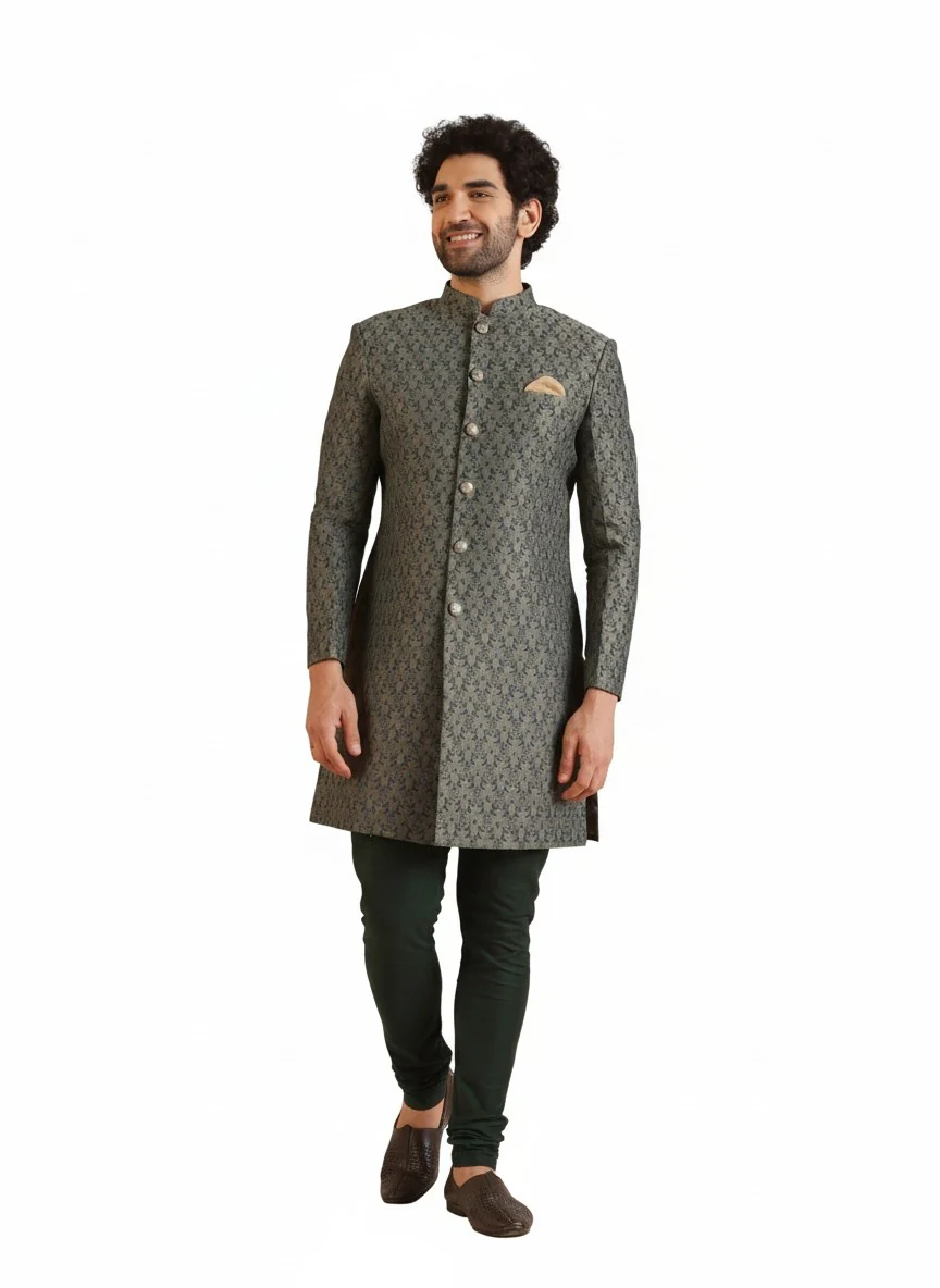 Sage Silk Blend Jacquard Sherwani Churidar Set - Image 8