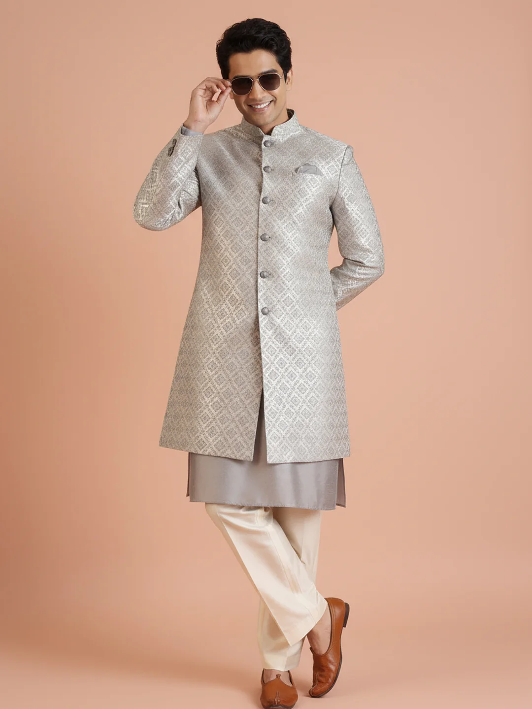 Silver Brocade Sherwani Trouser Set