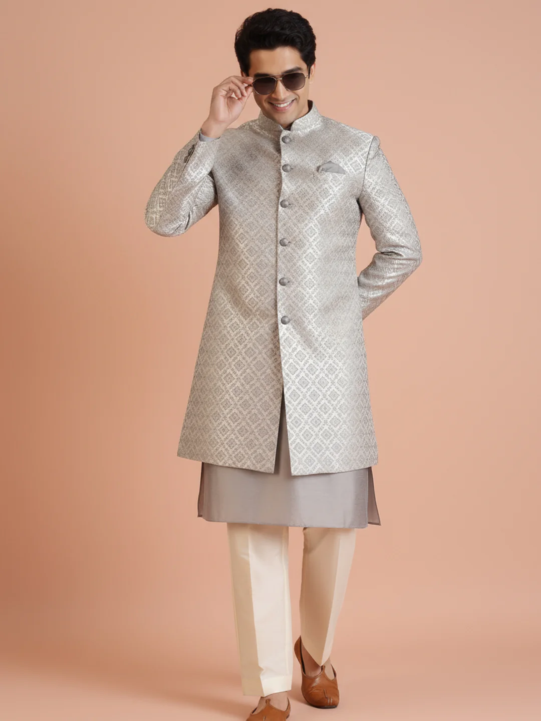 Silver Brocade Sherwani Trouser Set - Image 4