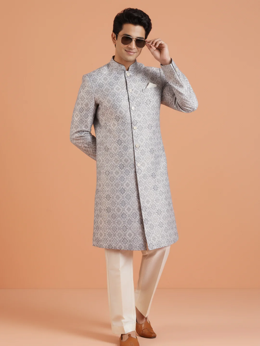 Silver Jacquard Sherwani Trouser Set