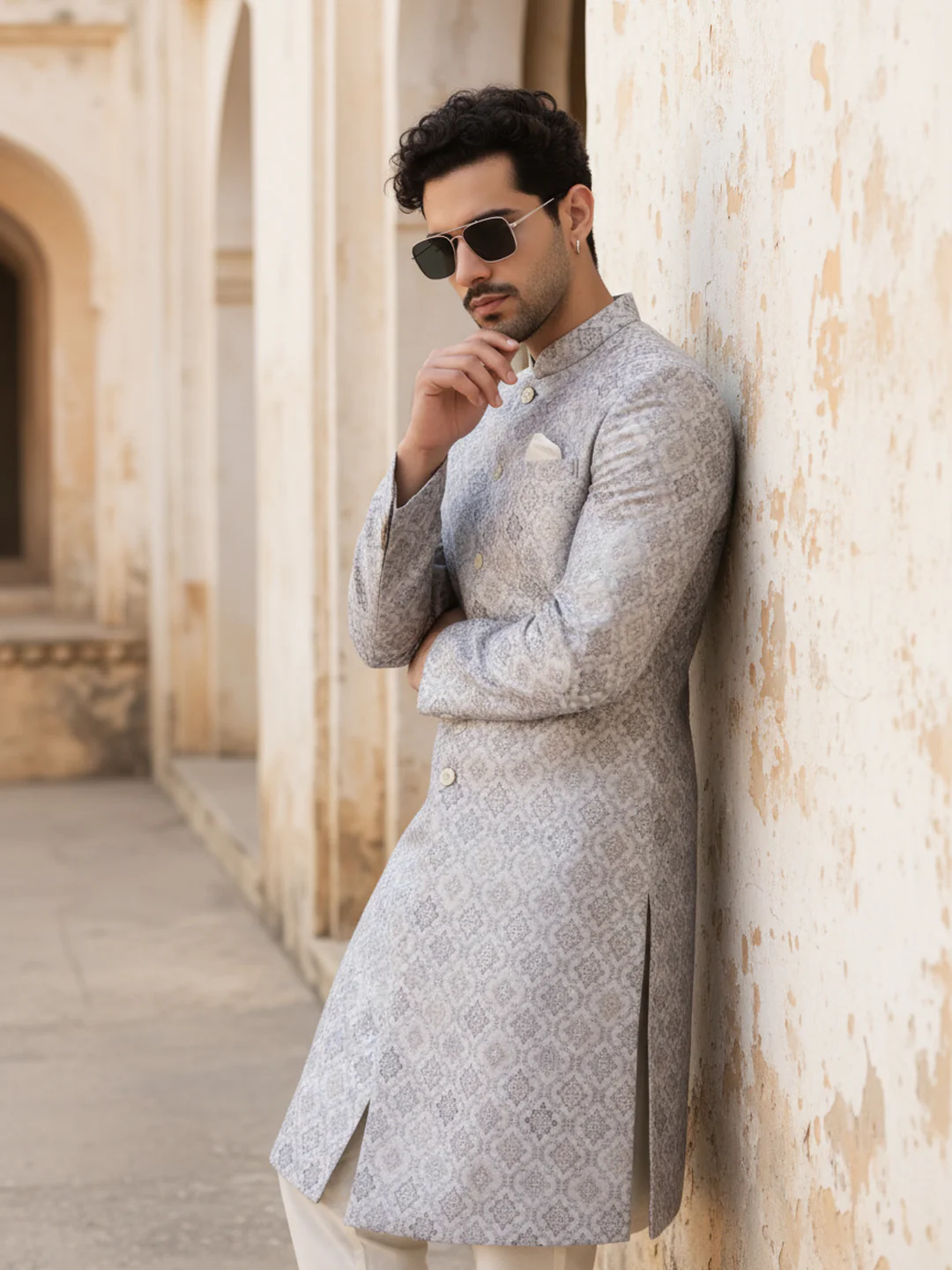 Silver Jacquard Sherwani Trouser Set - Image 2