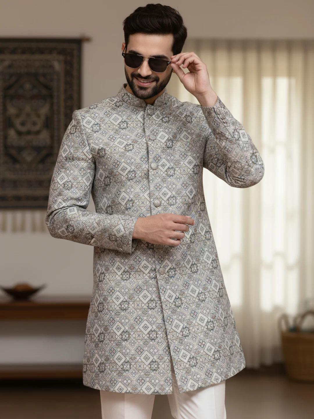Silver Jacquard Sherwani Trouser Set - Image 6