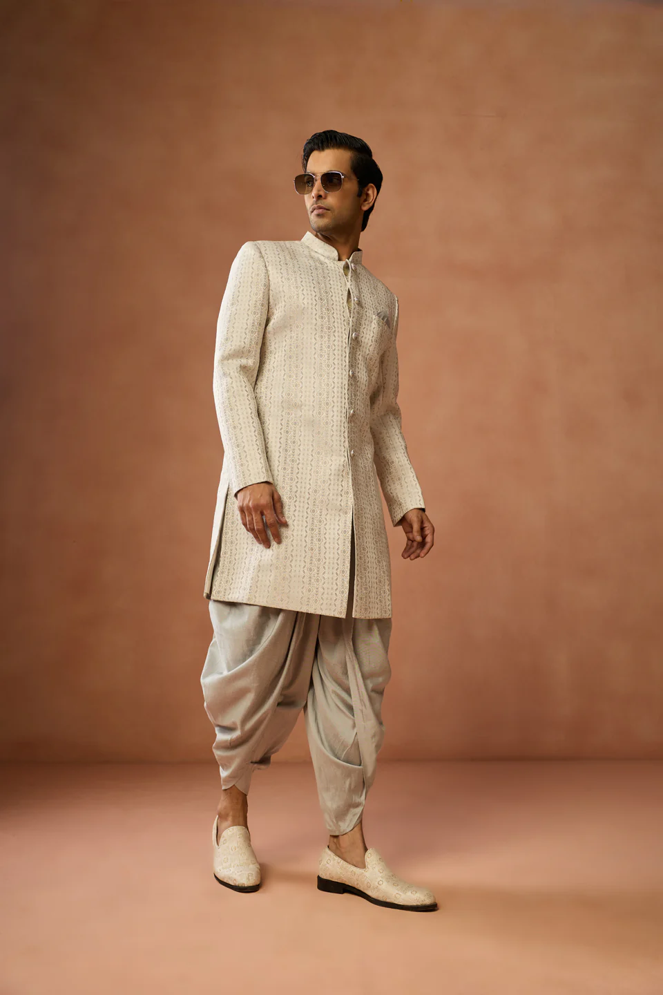Cream Brocade Sherwani with Dhoti Set