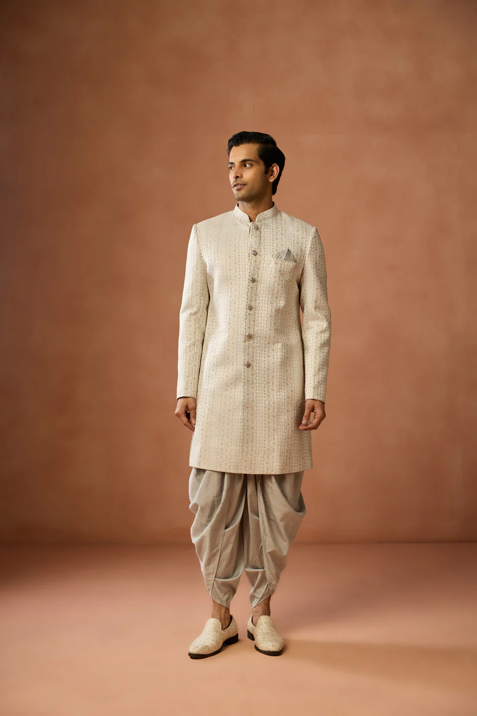Cream Brocade Sherwani with Dhoti Set - Image 7