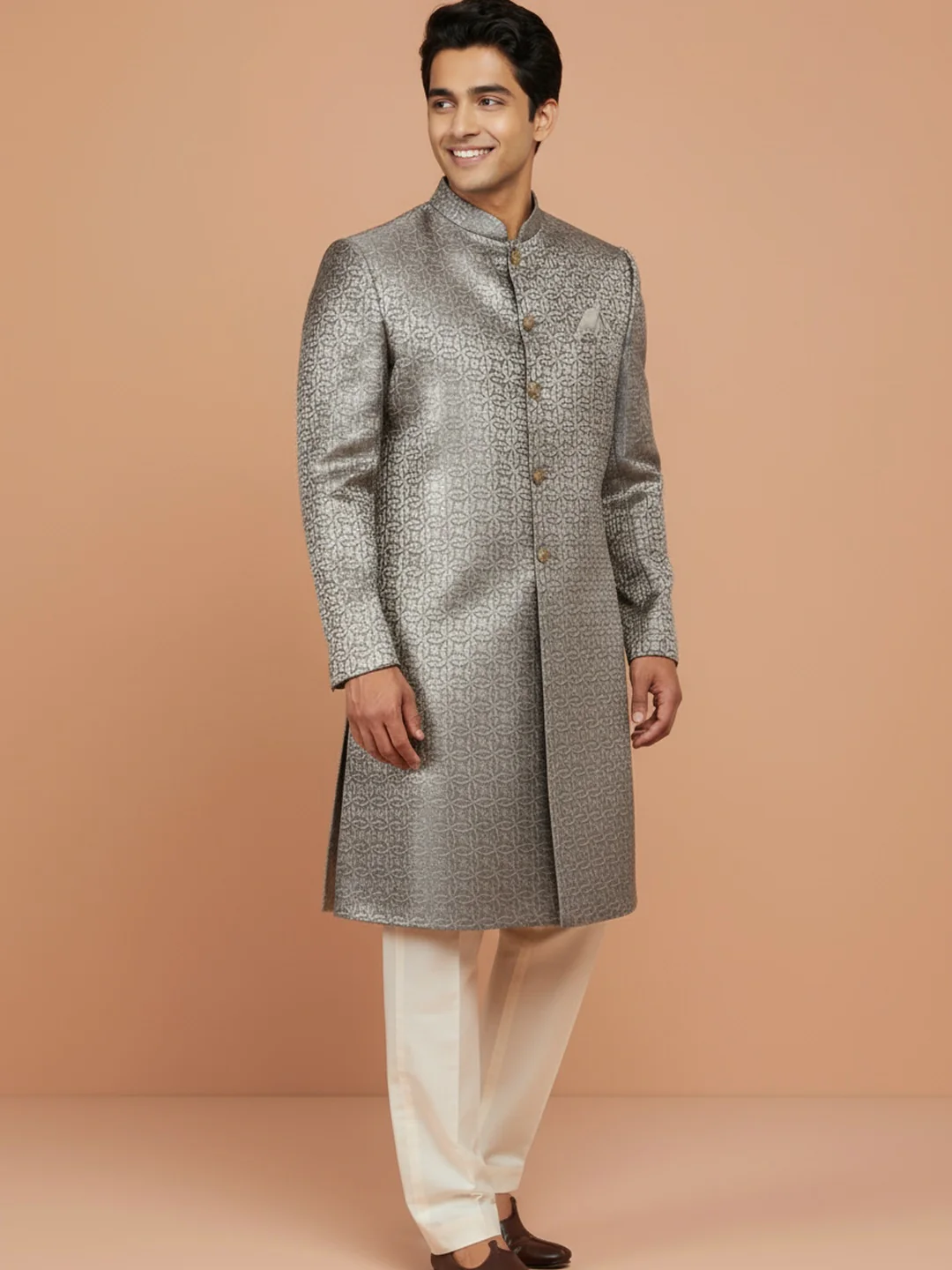 Silver Textured Sherwani Trouser Set