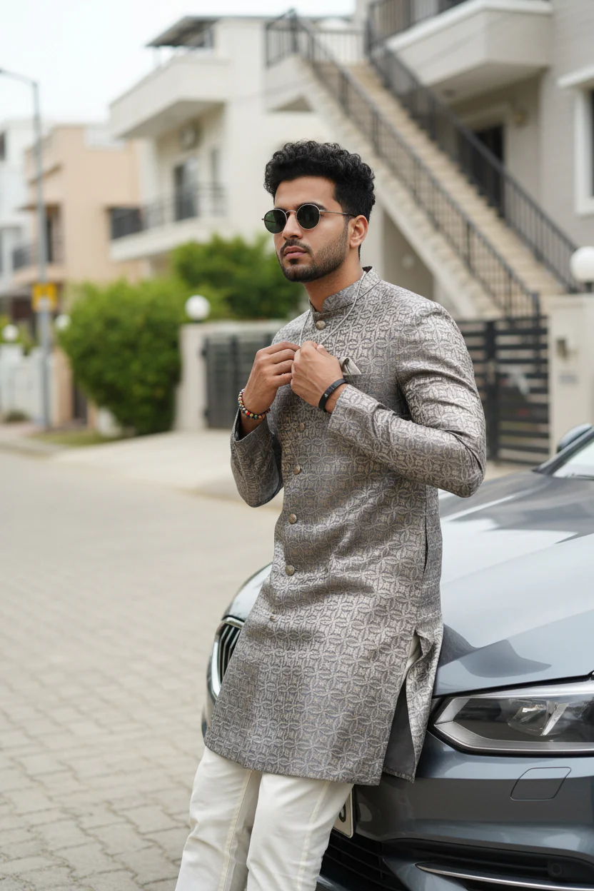 Silver Textured Sherwani Trouser Set - Image 2