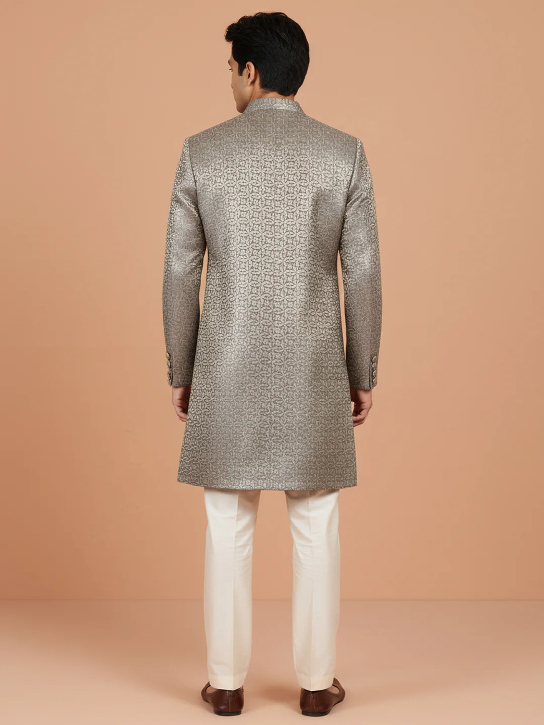 Silver Textured Sherwani Trouser Set - Image 4
