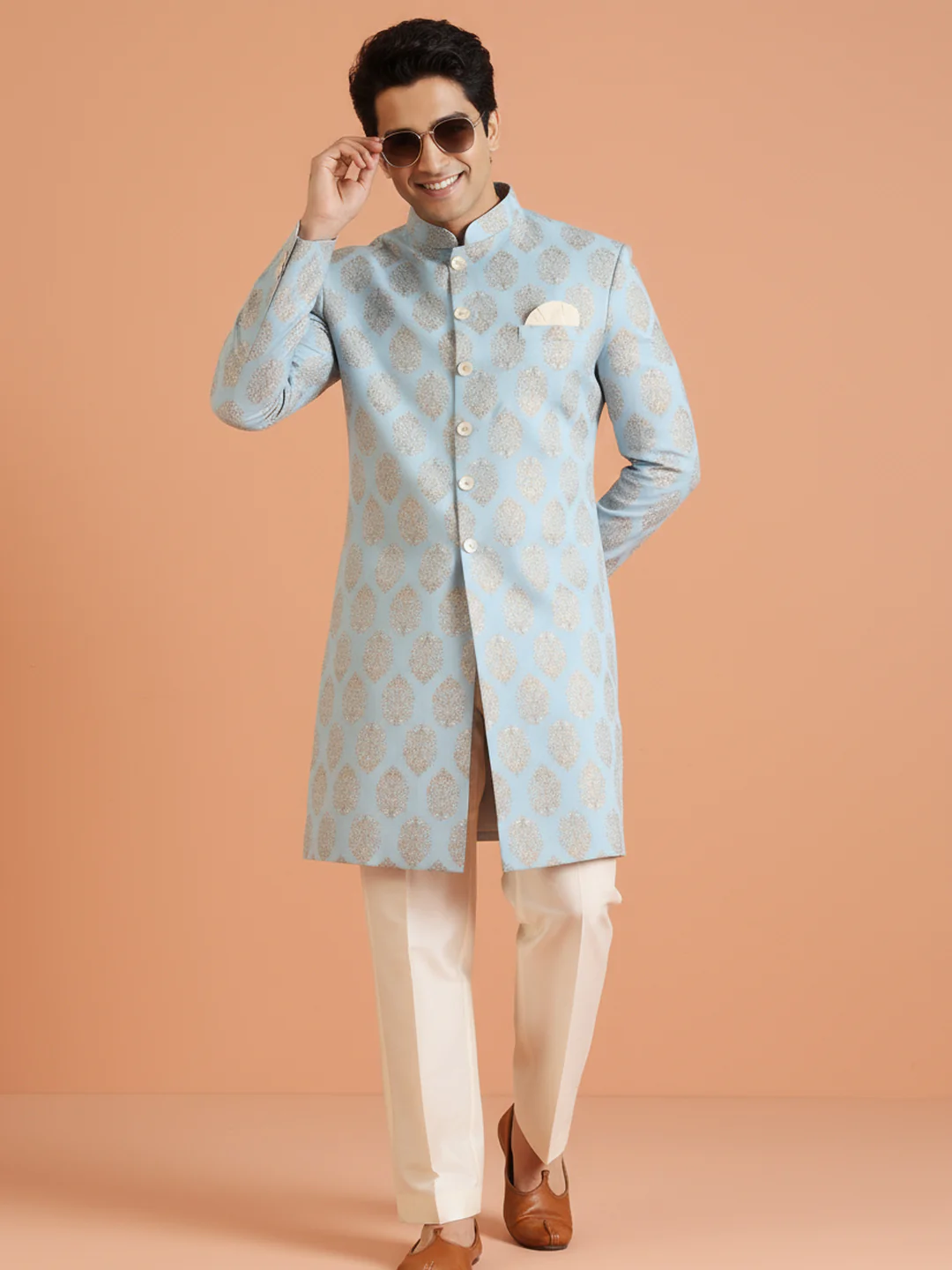Sky Blue Brocade Sherwani Trouser Set