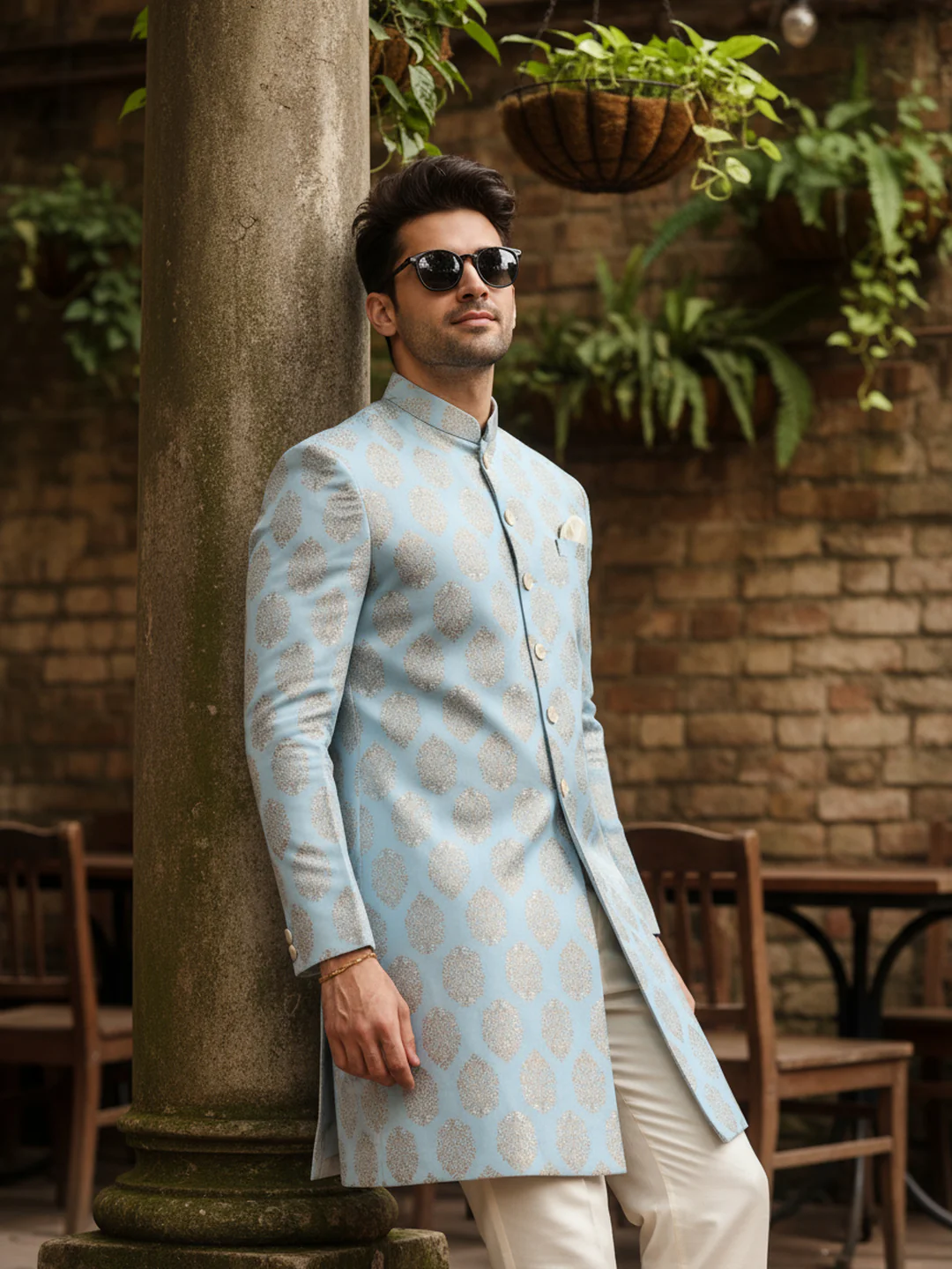 Sky Blue Brocade Sherwani Trouser Set - Image 2